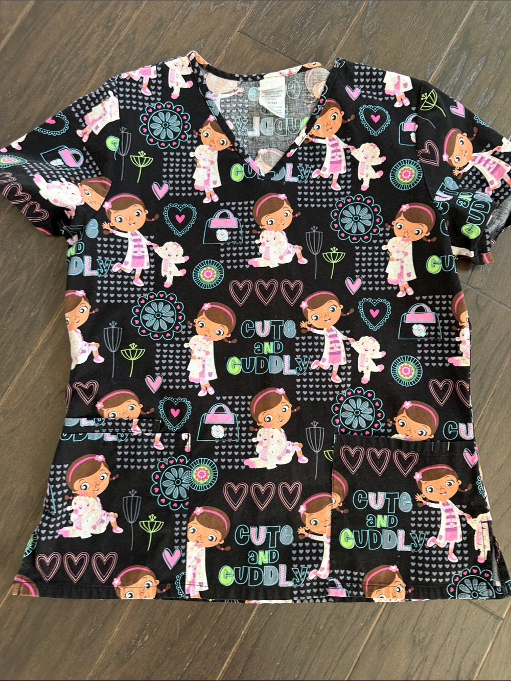 Disney Doc McStuffins Black Scrub Top with Multicolor Character Accents